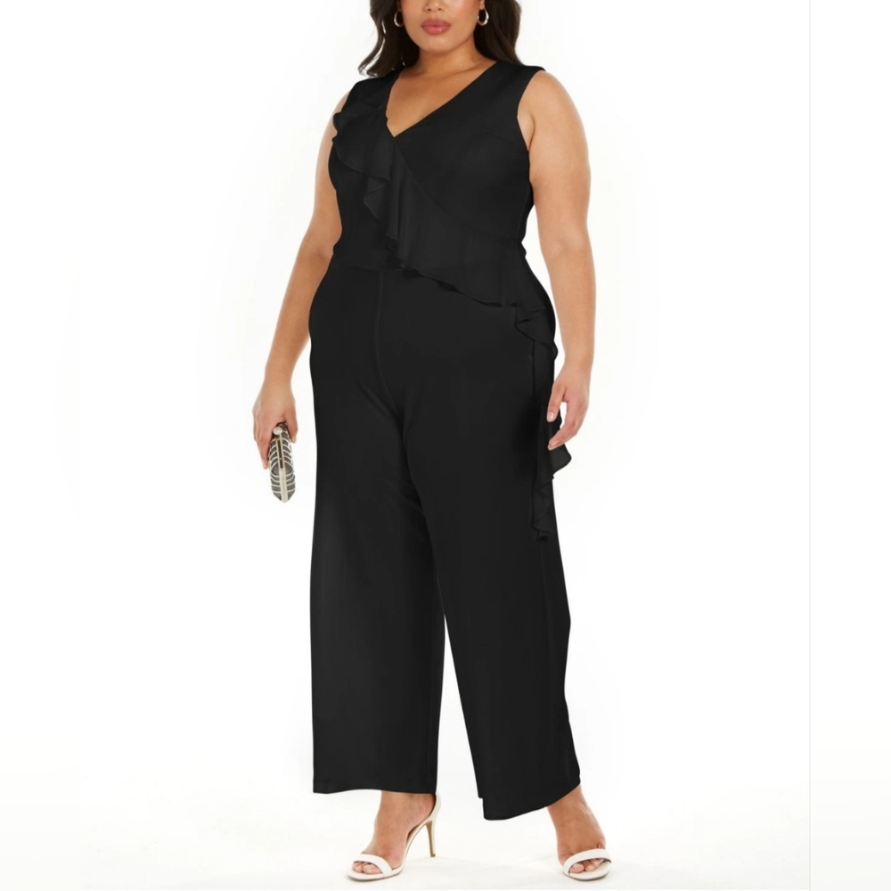 NWT Connected Apparel Black V Neck Ruffle Sleeveless Jumpsuit Size 24W